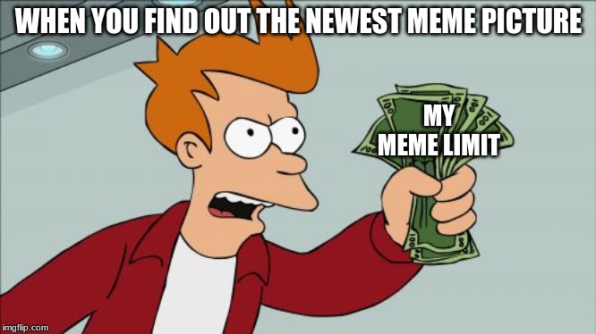 Shut Up And Take My Money Fry Meme | WHEN YOU FIND OUT THE NEWEST MEME PICTURE; MY MEME LIMIT | image tagged in memes,shut up and take my money fry | made w/ Imgflip meme maker