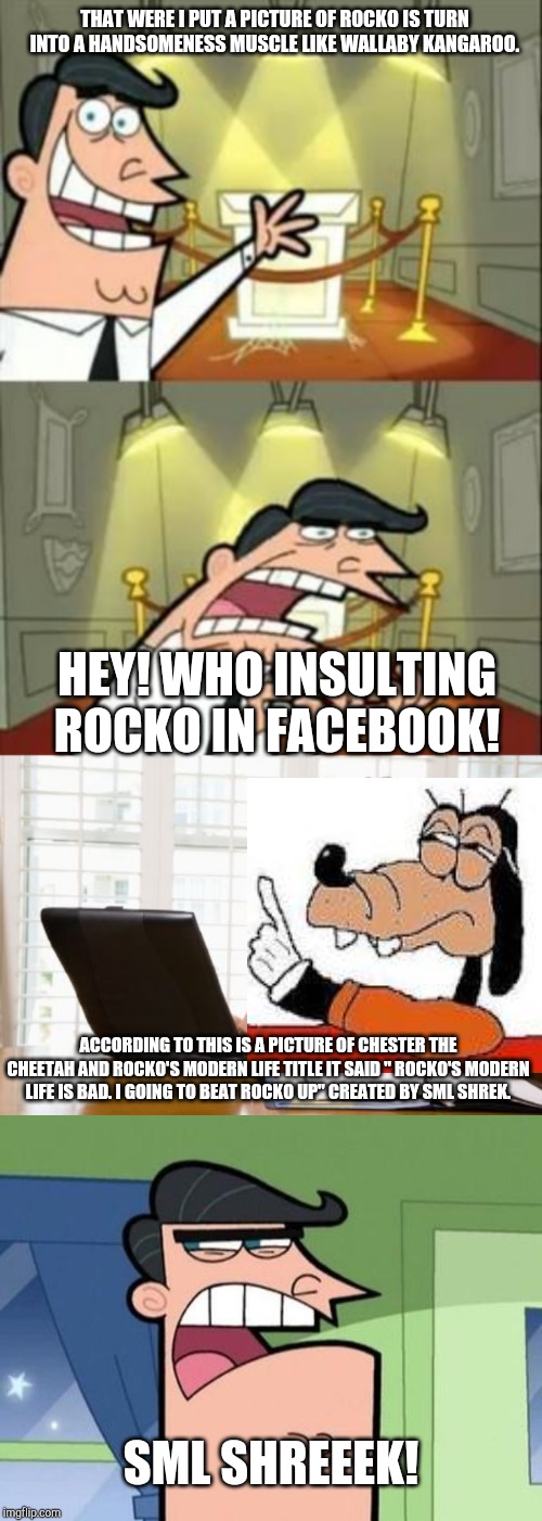 THAT WERE I PUT A PICTURE OF ROCKO IS TURN INTO A HANDSOMENESS MUSCLE LIKE WALLABY KANGAROO. HEY! WHO INSULTING ROCKO IN FACEBOOK! ACCORDING TO THIS IS A PICTURE OF CHESTER THE CHEETAH AND ROCKO'S MODERN LIFE TITLE IT SAID " ROCKO'S MODERN LIFE IS BAD. I GOING TO BEAT ROCKO UP" CREATED BY SML SHREK. SML SHREEEK! | image tagged in memes,this is where i'd put my trophy if i had one,dinkleberg blank,old man on computer,rocko | made w/ Imgflip meme maker