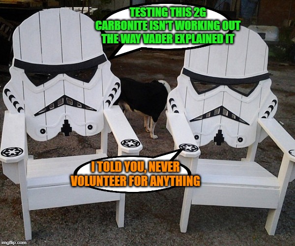 Any volunteers? | TESTING THIS 2G CARBONITE ISN'T WORKING OUT THE WAY VADER EXPLAINED IT; I TOLD YOU, NEVER VOLUNTEER FOR ANYTHING | image tagged in star wars,memes,stormtrooper | made w/ Imgflip meme maker