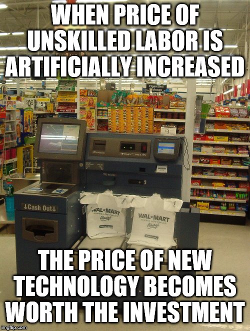 By all means, keep raising the minimum wage and unionize | WHEN PRICE OF UNSKILLED LABOR IS ARTIFICIALLY INCREASED; THE PRICE OF NEW TECHNOLOGY BECOMES WORTH THE INVESTMENT | image tagged in self checkout,unskilled labor,unions,minimum wage | made w/ Imgflip meme maker