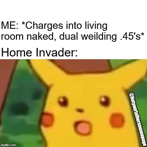Make my day... | ME: *Charges into living room naked, dual weilding .45's*; Home Invader:; @Notyourfathersmemepage | image tagged in guns,firearms,2nd amendment,right to bear arms,political meme,self defense | made w/ Imgflip meme maker