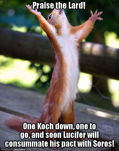 Even squirrels celebrate the ending of a Sith Lord! | Praise the Lard! One Koch down, one to go, and soon Lucifer will consummate his pact with Soros! | image tagged in koch,soros | made w/ Imgflip meme maker