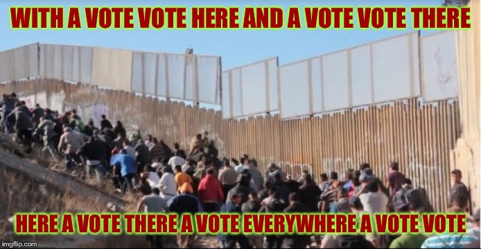 Illegal Immigrants | WITH A VOTE VOTE HERE AND A VOTE VOTE THERE HERE A VOTE THERE A VOTE EVERYWHERE A VOTE VOTE | image tagged in illegal immigrants | made w/ Imgflip meme maker