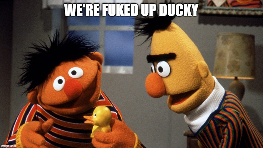 Ernie and Bert discuss Rubber Duckie | WE'RE FUKED UP DUCKY | image tagged in ernie and bert discuss rubber duckie | made w/ Imgflip meme maker