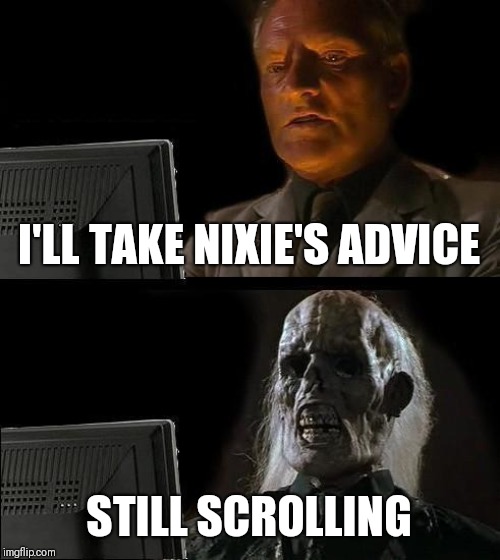 I'll Just Wait Here Meme | I'LL TAKE NIXIE'S ADVICE STILL SCROLLING | image tagged in memes,ill just wait here | made w/ Imgflip meme maker