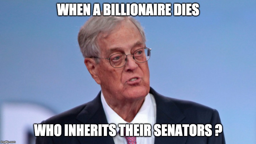 king koch is gone | WHEN A BILLIONAIRE DIES; WHO INHERITS THEIR SENATORS ? | image tagged in corruption,government corruption,lobbying,billionaire,death | made w/ Imgflip meme maker