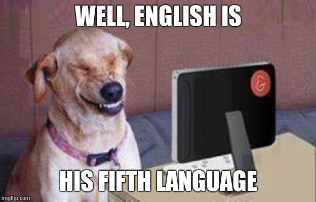 Dog laugh | WELL, ENGLISH IS HIS FIFTH LANGUAGE | image tagged in dog laugh | made w/ Imgflip meme maker