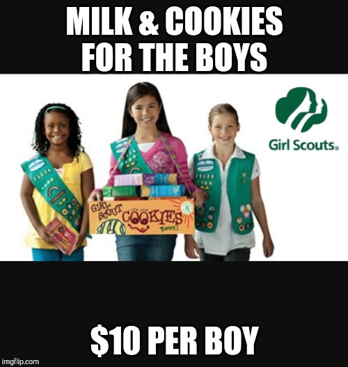Girl scout | MILK & COOKIES FOR THE BOYS; $10 PER BOY | image tagged in girl scout | made w/ Imgflip meme maker