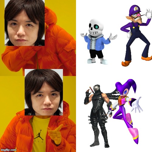 Sakurai prefers to add Ryu Hayabusa and NiGHTS instead of Waluigi and Sans | image tagged in memes,drake hotline bling | made w/ Imgflip meme maker