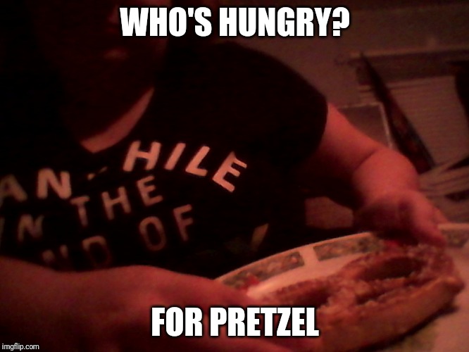 pretzellllll!!!!! |  WHO'S HUNGRY? FOR PRETZEL | image tagged in pretzellllll | made w/ Imgflip meme maker