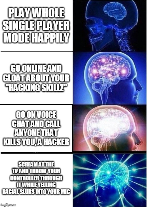 Expanding Brain Meme | PLAY WHOLE SINGLE PLAYER MODE HAPPILY; GO ONLINE AND GLOAT ABOUT YOUR "HACKING SKILLZ"; GO ON VOICE CHAT AND CALL ANYONE THAT KILLS YOU, A HACKER; SCREAM AT THE TV AND THROW YOUR CONTROLLER THROUGH IT WHILE YELLING RACIAL SLURS INTO YOUR MIC | image tagged in memes,expanding brain | made w/ Imgflip meme maker