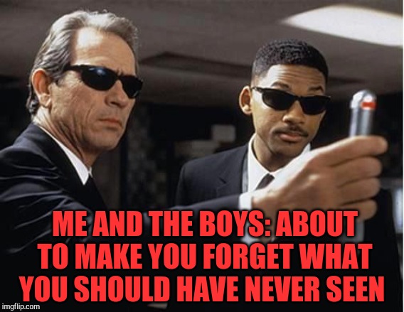 Me and The Boys Week, a CravenMoordik and Nixie.Knox event! Aug 19-25 | ME AND THE BOYS: ABOUT TO MAKE YOU FORGET WHAT YOU SHOULD HAVE NEVER SEEN | image tagged in men in black,me and the boys week,me and the boys,jbmemegeek | made w/ Imgflip meme maker