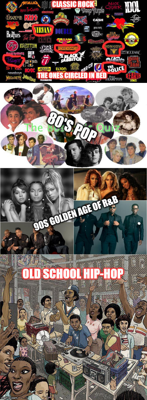 My Music Tastes are Like Baskin Robbins: Multi-flavored  What about you? Top 4 genres ? | CLASSIC ROCK; THE ONES CIRCLED IN RED; 80'S POP; 90S GOLDEN AGE OF R&B; OLD SCHOOL HIP-HOP | image tagged in music,classic rock,80s music,90s music,hip-hop,pop music | made w/ Imgflip meme maker