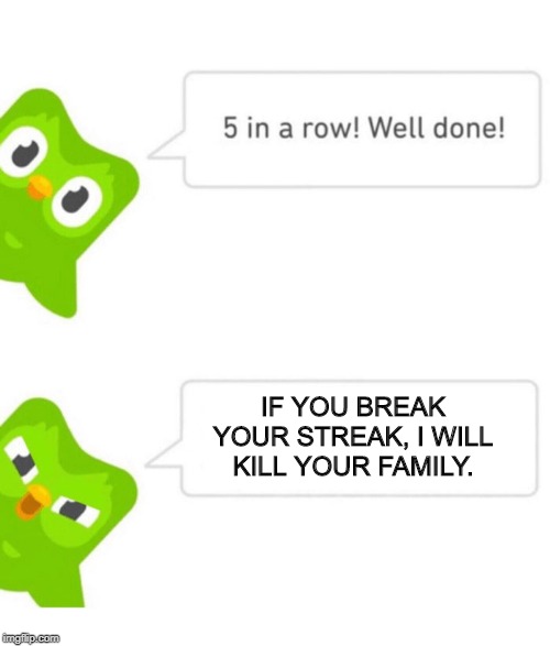 Duolingo 5 in a row | IF YOU BREAK YOUR STREAK, I WILL KILL YOUR FAMILY. | image tagged in duolingo 5 in a row | made w/ Imgflip meme maker