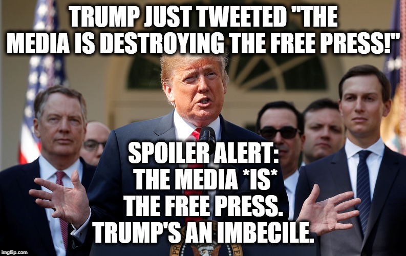 In case you still don't think he's an idiot... | TRUMP JUST TWEETED "THE MEDIA IS DESTROYING THE FREE PRESS!"; SPOILER ALERT:  THE MEDIA *IS* THE FREE PRESS. TRUMP'S AN IMBECILE. | image tagged in donald trump,media,free press,free speech,impeach,moron | made w/ Imgflip meme maker