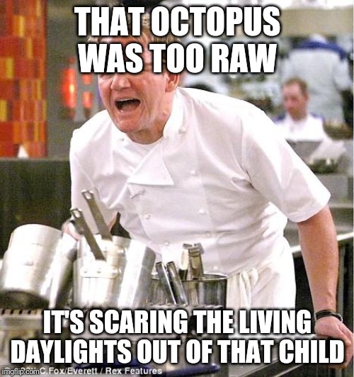 Chef Gordon Ramsay Meme | THAT OCTOPUS WAS TOO RAW; IT'S SCARING THE LIVING DAYLIGHTS OUT OF THAT CHILD | image tagged in memes,chef gordon ramsay | made w/ Imgflip meme maker