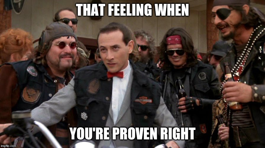 Pee Wee biker | THAT FEELING WHEN; YOU'RE PROVEN RIGHT | image tagged in pee wee biker | made w/ Imgflip meme maker