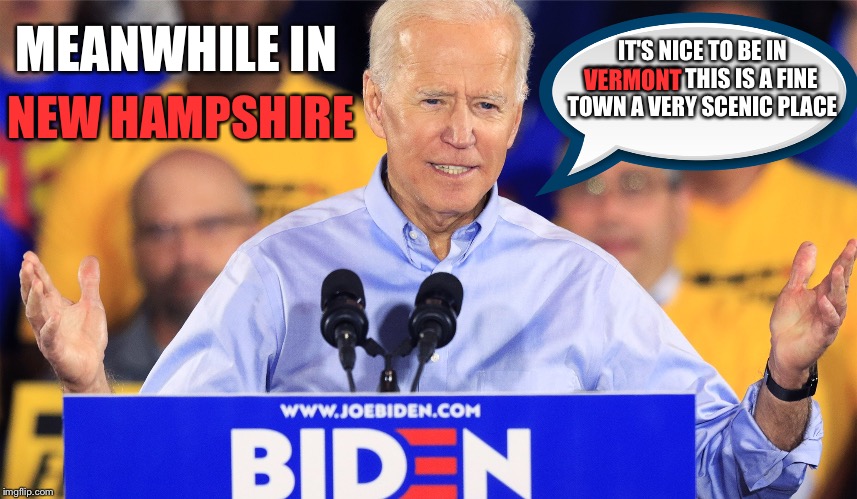 Keep 'em comin' joe, keep 'em comin' | MEANWHILE IN; IT'S NICE TO BE IN VERMONT THIS IS A FINE TOWN A VERY SCENIC PLACE; VERMONT; NEW HAMPSHIRE | image tagged in shit joe biden says | made w/ Imgflip meme maker