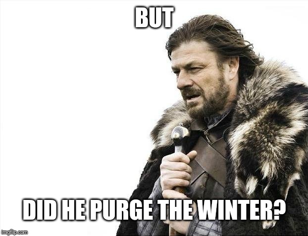 Brace Yourselves X is Coming Meme | BUT DID HE PURGE THE WINTER? | image tagged in memes,brace yourselves x is coming | made w/ Imgflip meme maker