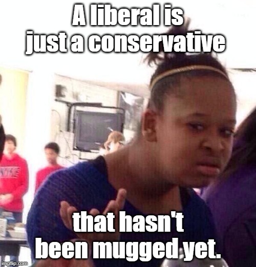 Black Girl Wat | A liberal is just a conservative; that hasn't been mugged yet. | image tagged in memes,black girl wat | made w/ Imgflip meme maker