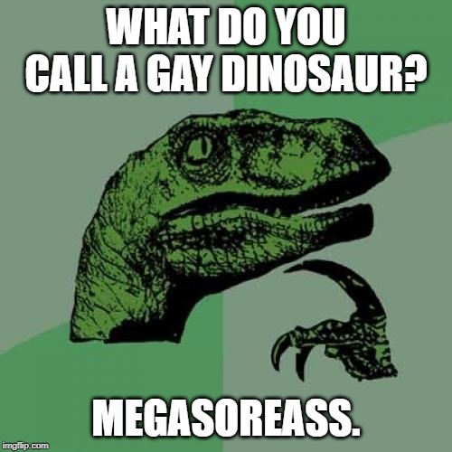 Philosoraptor Meme | WHAT DO YOU CALL A GAY DINOSAUR? MEGASOREASS. | image tagged in memes,philosoraptor | made w/ Imgflip meme maker
