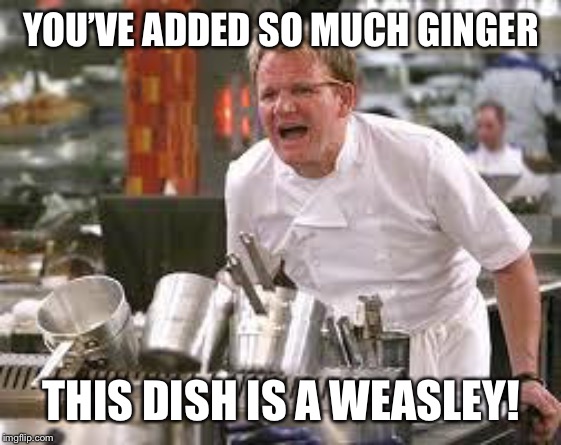Gordon ramsey | YOU’VE ADDED SO MUCH GINGER; THIS DISH IS A WEASLEY! | image tagged in gordon ramsey | made w/ Imgflip meme maker