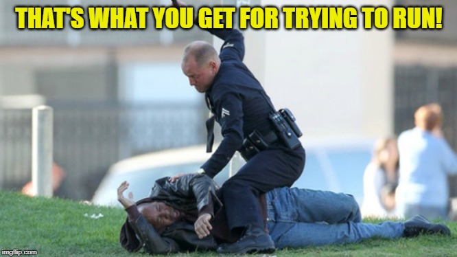 Cop Beating | THAT'S WHAT YOU GET FOR TRYING TO RUN! | image tagged in cop beating | made w/ Imgflip meme maker