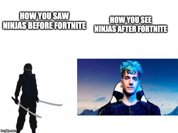 ninja meme | HOW YOU SEE NINJAS AFTER FORTNITE; HOW YOU SAW NINJAS BEFORE FORTNITE | image tagged in ninja,fortnite | made w/ Imgflip meme maker
