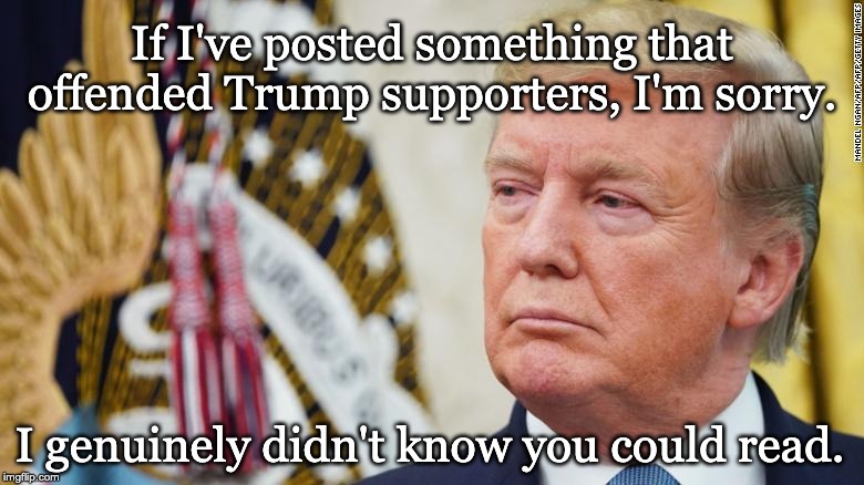 If I've posted something that offended Trump supporters, I'm sorry. I genuinely didn't know you could read. | image tagged in trump,politics | made w/ Imgflip meme maker
