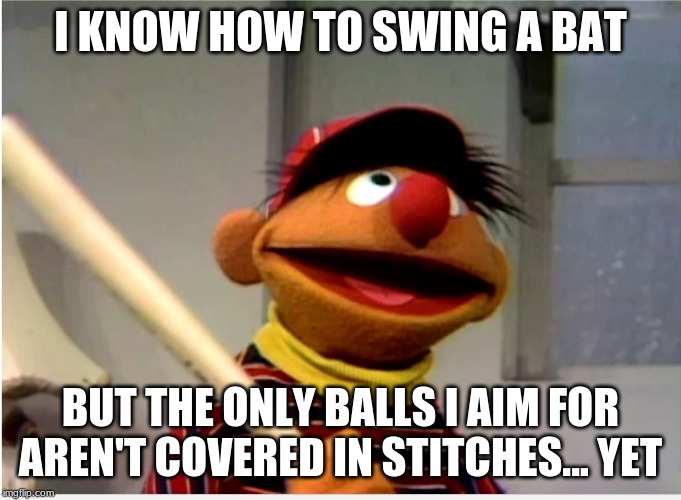 Ernie Baseball | I KNOW HOW TO SWING A BAT; BUT THE ONLY BALLS I AIM FOR AREN'T COVERED IN STITCHES... YET | image tagged in ernie baseball | made w/ Imgflip meme maker