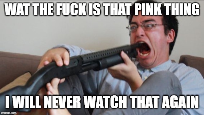 Filthy Frank Shotgun | WAT THE F**K IS THAT PINK THING I WILL NEVER WATCH THAT AGAIN | image tagged in filthy frank shotgun | made w/ Imgflip meme maker