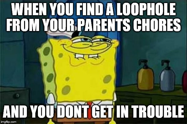 you like krabby patties | WHEN YOU FIND A LOOPHOLE FROM YOUR PARENTS CHORES; AND YOU DONT GET IN TROUBLE | image tagged in you like krabby patties | made w/ Imgflip meme maker