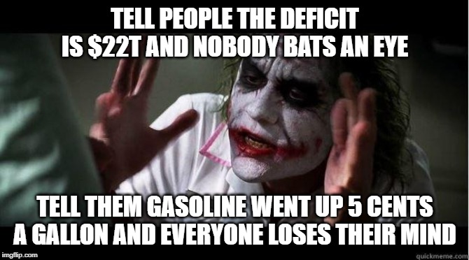 nobody bats an eye | TELL PEOPLE THE DEFICIT IS $22T AND NOBODY BATS AN EYE; TELL THEM GASOLINE WENT UP 5 CENTS A GALLON AND EVERYONE LOSES THEIR MIND | image tagged in nobody bats an eye | made w/ Imgflip meme maker