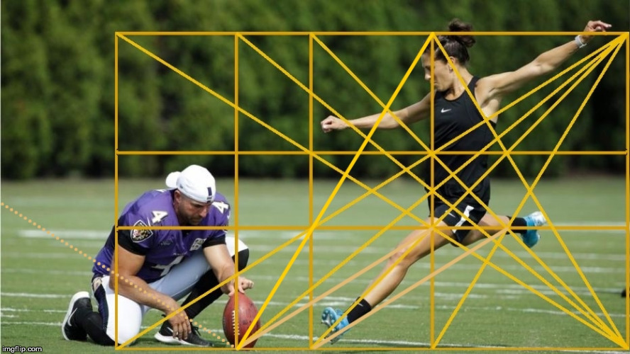 Carli Lloyd kicking a 55 yard field goal, with a Golden Rectangle overlay. | image tagged in the golden ratio,football,kick,the human body,sports,geometry | made w/ Imgflip meme maker