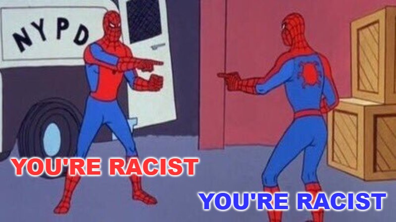 Democrats | YOU'RE RACIST; YOU'RE RACIST | image tagged in spiderman pointing at spiderman,the left,democrats,racist,racism | made w/ Imgflip meme maker
