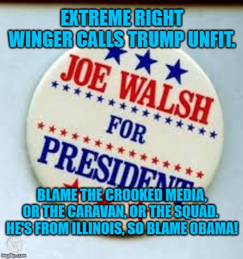 Walsh 2020 | EXTREME RIGHT WINGER CALLS TRUMP UNFIT. BLAME THE CROOKED MEDIA, OR THE CARAVAN, OR THE SQUAD.  HE'S FROM ILLINOIS, SO BLAME OBAMA! | image tagged in politics | made w/ Imgflip meme maker