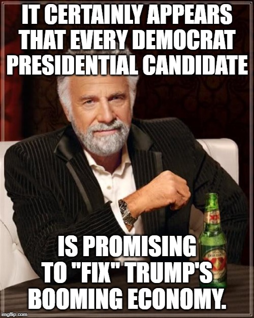 I just don't know if I could afford their "fix" | IT CERTAINLY APPEARS THAT EVERY DEMOCRAT PRESIDENTIAL CANDIDATE; IS PROMISING TO "FIX" TRUMP'S BOOMING ECONOMY. | image tagged in memes,the most interesting man in the world | made w/ Imgflip meme maker