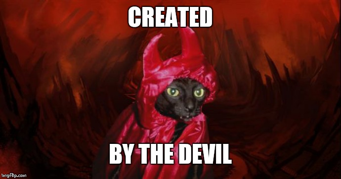 Devil cat | CREATED BY THE DEVIL | image tagged in devil cat | made w/ Imgflip meme maker