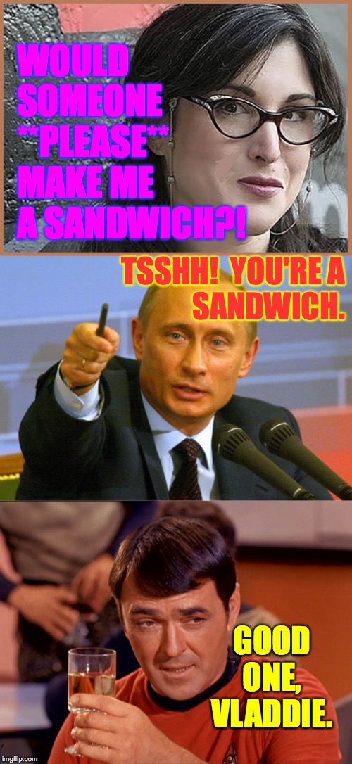 Lunchtime!  ( : |  WOULD SOMEONE **PLEASE** MAKE ME A SANDWICH?! TSSHH!  YOU'RE A
SANDWICH. GOOD ONE, VLADDIE. | image tagged in memes,good guy putin,star trek scotty,feminist zeisler,sammiches | made w/ Imgflip meme maker