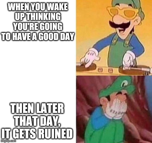 My day in a nutshell #1 |  WHEN YOU WAKE UP THINKING YOU'RE GOING TO HAVE A GOOD DAY; THEN LATER THAT DAY, IT GETS RUINED | image tagged in luigi dj crying meme | made w/ Imgflip meme maker