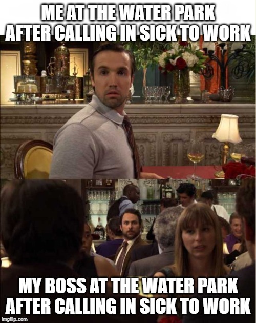 Sick Day | ME AT THE WATER PARK AFTER CALLING IN SICK TO WORK; MY BOSS AT THE WATER PARK AFTER CALLING IN SICK TO WORK | image tagged in sickday | made w/ Imgflip meme maker