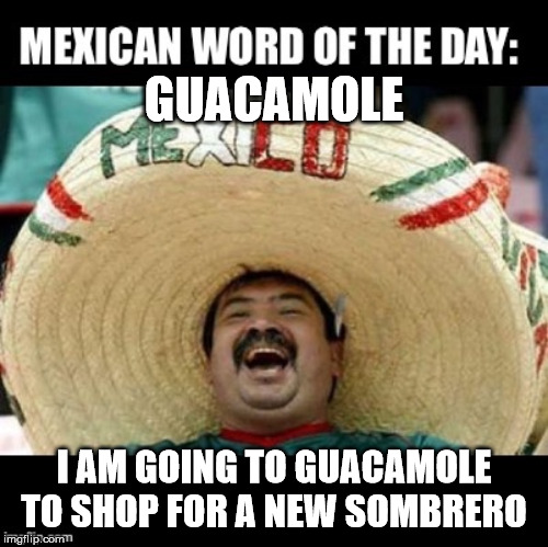 Window shopping for a new hat!!! | GUACAMOLE; I AM GOING TO GUACAMOLE TO SHOP FOR A NEW SOMBRERO | image tagged in mexican word of the day large,memes,guacamole,shopping,walking,shopping mall | made w/ Imgflip meme maker