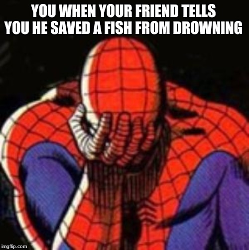 Sad Spiderman | YOU WHEN YOUR FRIEND TELLS YOU HE SAVED A FISH FROM DROWNING | image tagged in memes,sad spiderman,spiderman | made w/ Imgflip meme maker