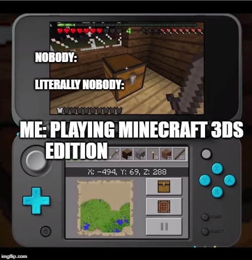 Why? | NOBODY:                                                                                                                                       LITERALLY NOBODY:; ME: PLAYING MINECRAFT 3DS EDITION | image tagged in memes,video games,minecraft | made w/ Imgflip meme maker