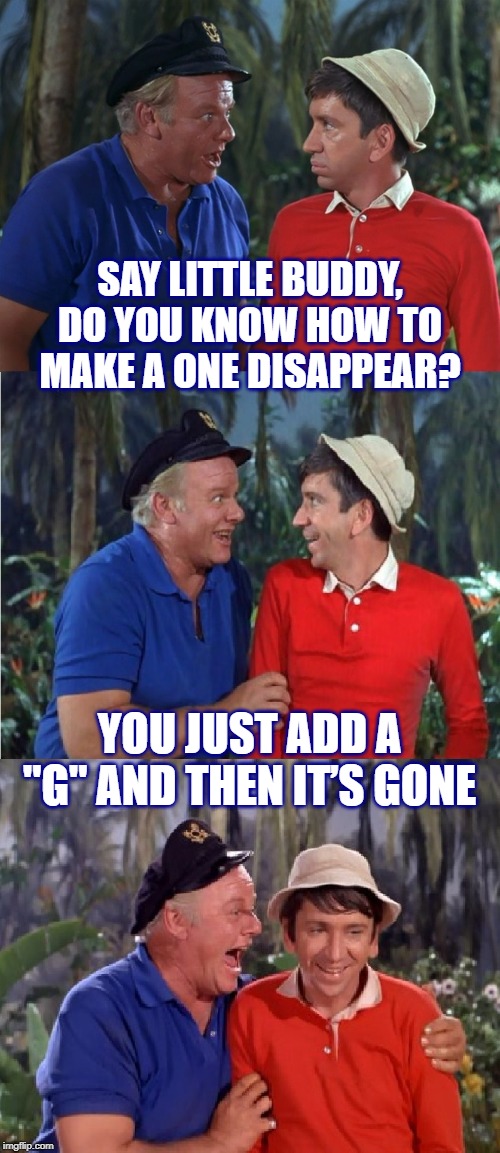 Gilligan Bad Pun | SAY LITTLE BUDDY, DO YOU KNOW HOW TO MAKE A ONE DISAPPEAR? YOU JUST ADD A "G" AND THEN IT’S GONE | image tagged in gilligan bad pun | made w/ Imgflip meme maker