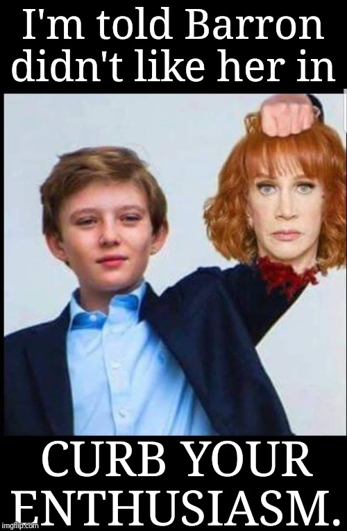 Kathy Griff-this | I'm told Barron didn't like her in; CURB YOUR ENTHUSIASM. | image tagged in kathy griffin,kathy griffin tolerance,kathy griffin crying,barron trump,donald trump approves | made w/ Imgflip meme maker