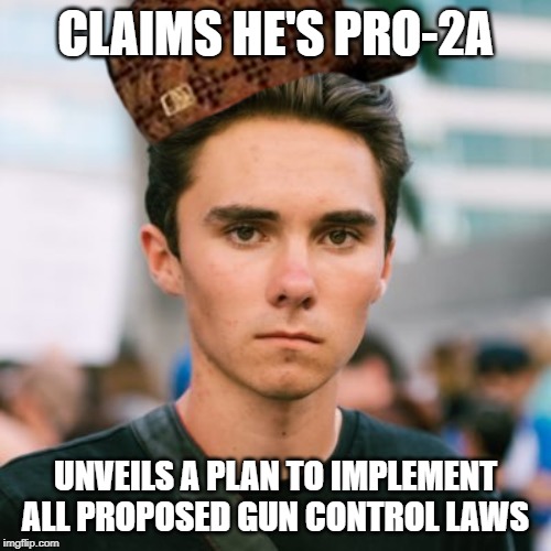 Scumbag David Hogg | CLAIMS HE'S PRO-2A; UNVEILS A PLAN TO IMPLEMENT ALL PROPOSED GUN CONTROL LAWS | image tagged in david hogg,second amendment,2a,gun control | made w/ Imgflip meme maker