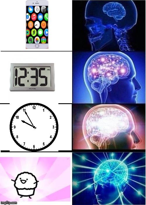 What time is it? | image tagged in memes,expanding brain,muffin,die,clock,technology | made w/ Imgflip meme maker