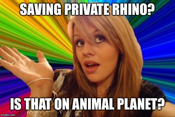 Dumb Blonde Meme | SAVING PRIVATE RHINO? IS THAT ON ANIMAL PLANET? | image tagged in memes,dumb blonde | made w/ Imgflip meme maker