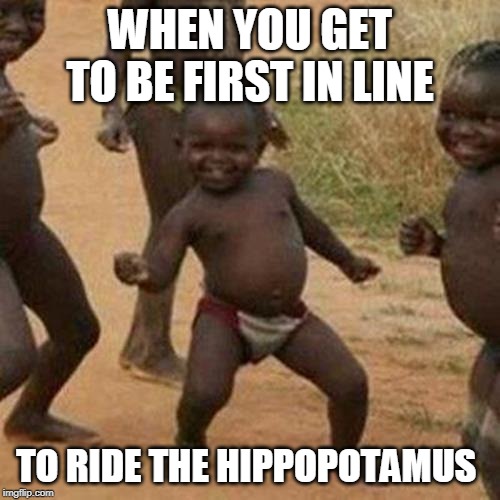 Third World Success Kid | WHEN YOU GET TO BE FIRST IN LINE; TO RIDE THE HIPPOPOTAMUS | image tagged in memes,third world success kid | made w/ Imgflip meme maker